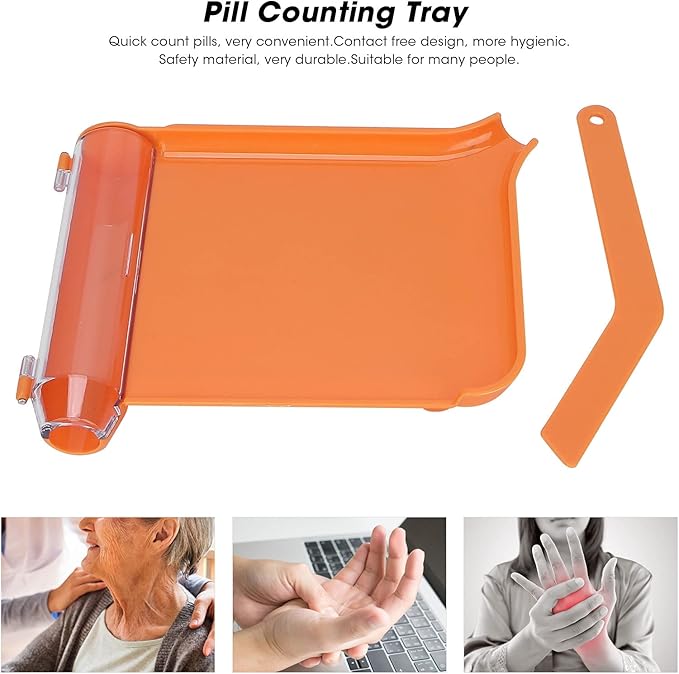 Pill Counting Tray, Orange Right Hand Pill Counting Tray, Non Contact Clean Pills Dispenser Tray with Spatula Transparent Lid for Count Meds Pills Tablets