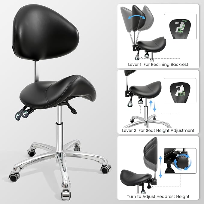 FreSup Saddle Stool, Ergonomic Saddle Chair with Back Support,Tattoo & Esthetician Chair with Wheels, Anti-Fatigue Design for Salon, Dental, Lab, Office and Home Kitchen (Black)