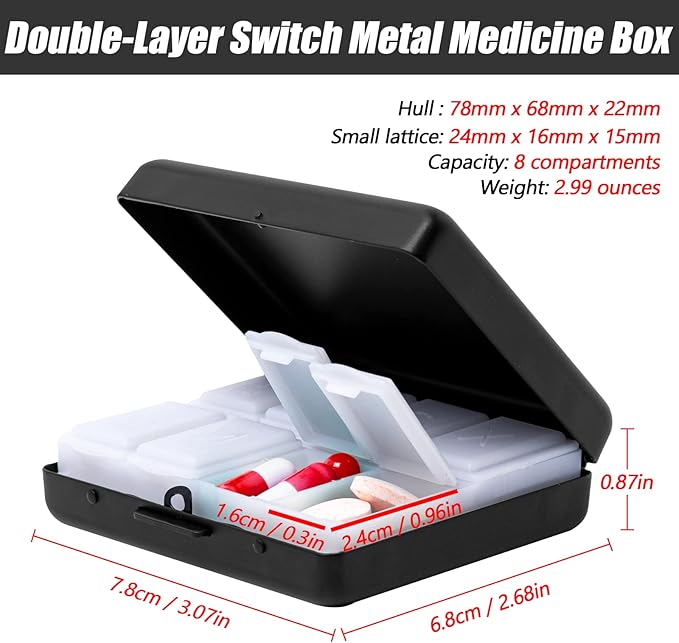 Fashion Elegant Medicine Portable Double Protection Switch Metal Travel Pill Box (7 Days) /8 Compartment (786822, Black)