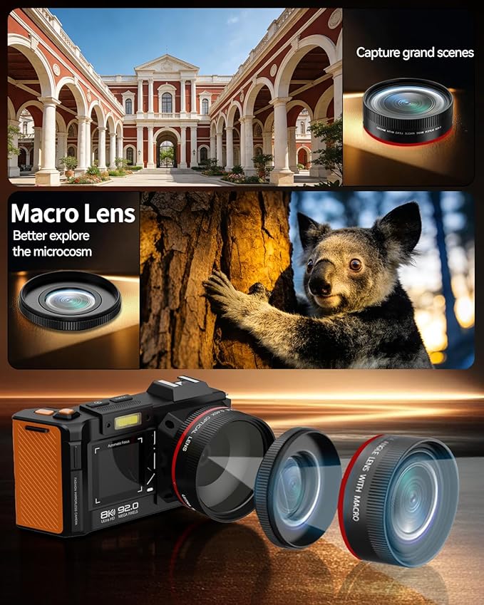 8K Digital Camera for Photography, 92MP WiFi Vlogging Camera for Front and Rear Screen, 18X Digital Zoom, Point and Shoot Camera for YouTube with 64GB SD Card (8K Black)