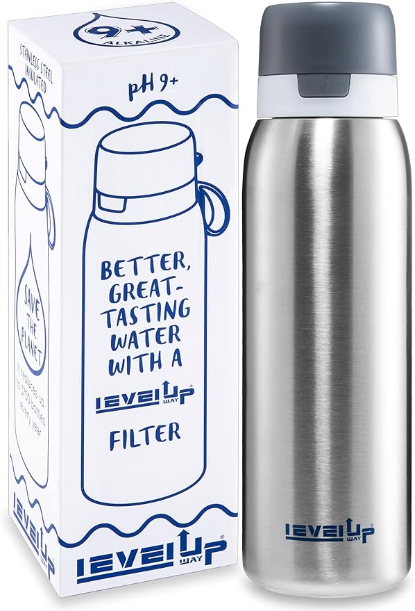 –25 Ounce Premium Stainless Steel Water Bottle with Filter – BPA Free - Travel Essentials - Alkaline Water Filter pH 9+ (Black)