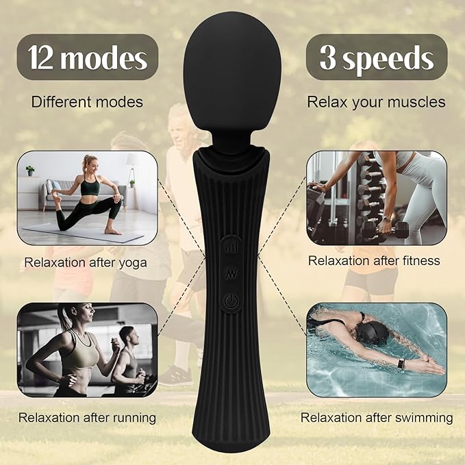 Handheld Cordless Personal Massager - Powerful 12 Vibration Patterns, 3 Speeds Settings & Waterproof, Body-Safe Silicone for Relaxation and Muscle Comfort in Neck, Shoulders and Foot - Black