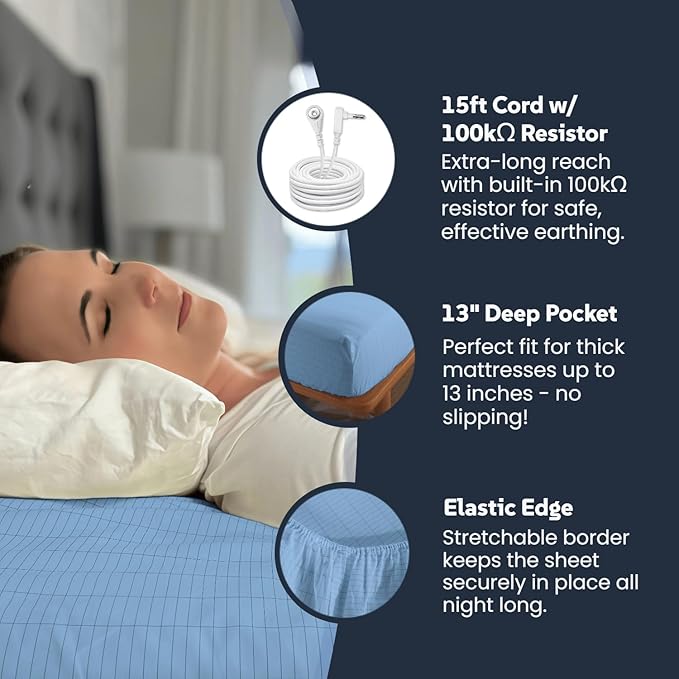 OKOHEY Grounding Fitted Sheets with 15ft Earthing Cord, King Size, 90% Organic Cotton + 10% Silver Fiber, Soft & Breathable Grounded Sheet for Better Sleep and Enhanced Wellness, Light Blue