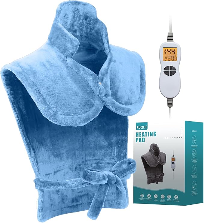 26" x 35" Flannel Neck&Shoulder&Back Heating Pad with 12 Temperature Settings& Countdown timer,Pain Relief for Back/Neck/Shoulders/Menstrual Pain, Christmas Gifts for Women Men Mom Dad(Light Blue)