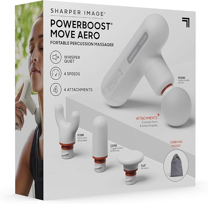 Sharper Image Powerboost Move Aero [New 2026 Version] Mini Deep Tissue Percussion Massage Gun| Muscle Recovery & Pain Relief Massage Tool| Full Body Back & Shoulder Massager| Gift for Men Women