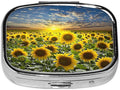ABLESKY Pill Box, 2 Compartment Pill Organizer Case for Pocket or Purse, Small Portable Metal Travel Medicine Box with Mirror, Daily Vitamins Fish Oil Container-Sunflower