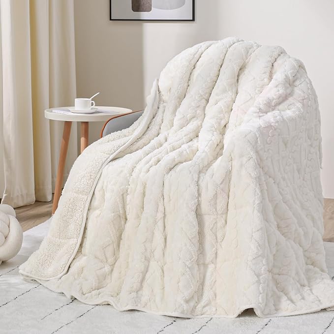 Weighted Blanket for Adults Twin Size 15 lbs, Classy Soft Jacquard Sherpa Weighted Blankets for Sofa Bed, Soft Cozy Heavy Blanket for Winter, 48 x 72 inches, Cream White