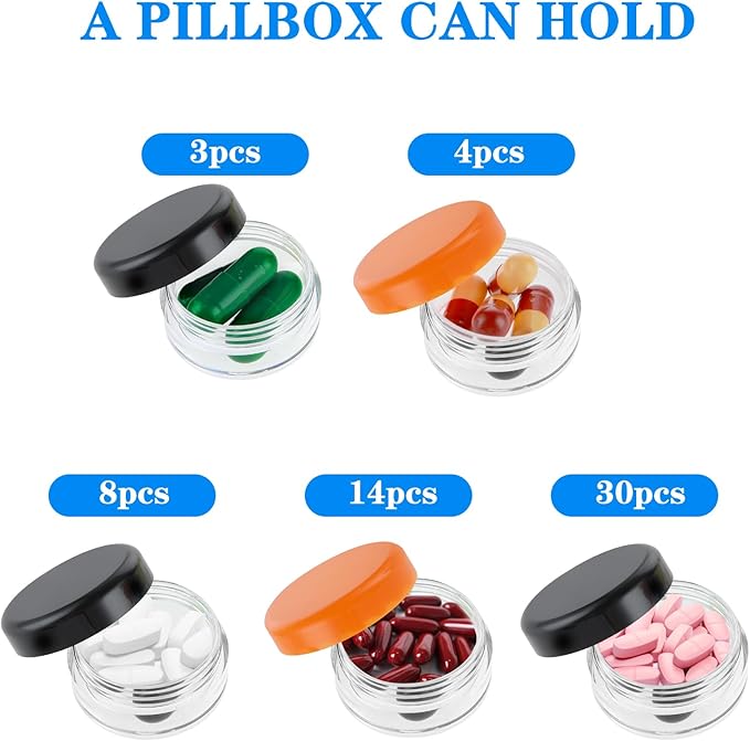 5 Pcs Small Pill Organizer Box Travel Pill Case Holder Portable Daily Mini Pills Container BPA Free Medication Storage Container for Purse Pocket Briefcase (Black, Orange)