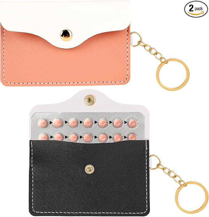2 Pack Birth Control Pill Case Sleeve Packet PU Leather Wallet Pill Holder Birth Control Case with Snap Closure and Keyring Contraceptive Medicine Holder for Travel Bag Backpack, Black + Pink