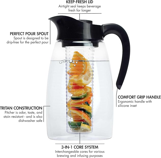 Primula Flavor-It Beverage System, Includes Large Capacity Fruit Infuser Core, Tea Infuser Core, and Chill Core, Dishwasher Safe Pitcher, 2.9-Quart, Black (Pack of 4)