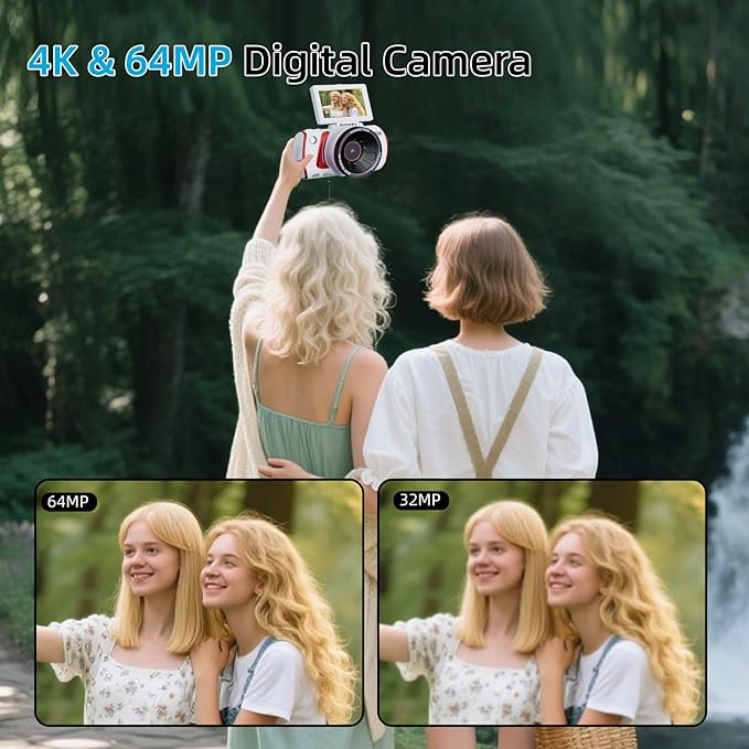 4K Digital Camera for Photography Autofocus,64MP WiFi Vlogging Camera with 3” 180° Flip Screen for YouTube,18X Zoom Travel Camera for Beginners,32GB Card & Rechargeable Battery (White)