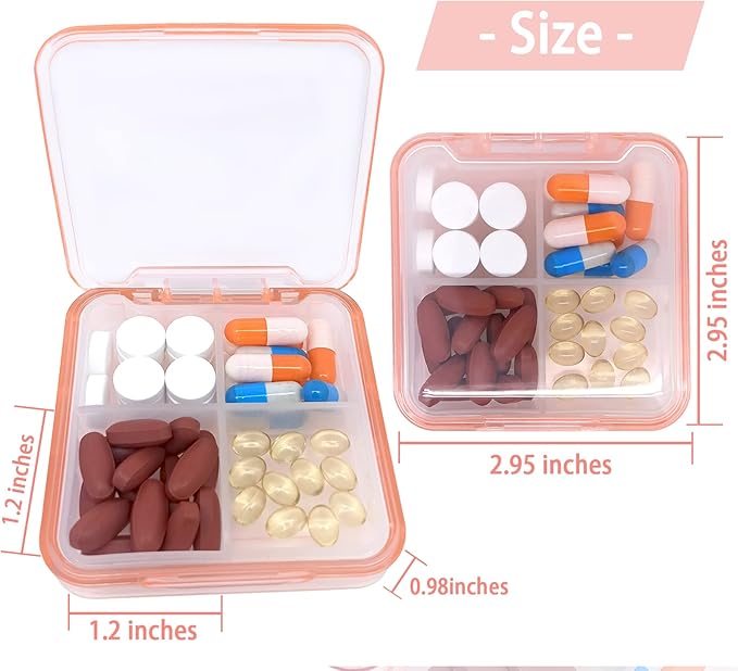 Pill Case for Pocket Travel Pill Organizer Small Pill Box Portable 4 Compartments Removable Medicine Organizer for Vitamin Fish Oil (Light Pink)