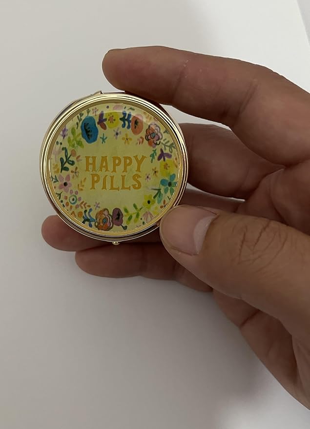 Happy Pills Pill Organizer Cute Metal Pill Case Travel Friendly Portable Compact Pill Box Pill Container to Hold Tylenol/Vitamins/Supplements/Meds/Tablet for Purse/Pocket(Round,Upgraded with Mirror)