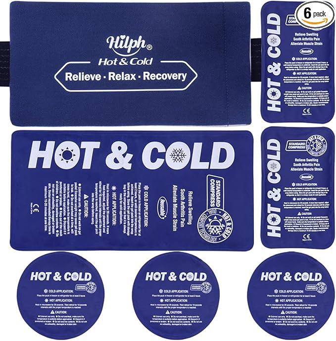 Hilph Ice Pack for Injuries Reusable, 6 Pack Hot and Cold Gel Ice Packs with Adjustable Wrap for Pain Relief, Sports Injury, Swelling, Bruises and Post Surgery Recovery, Ideal for Knee, Back, Ankle