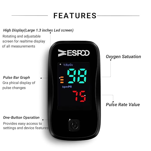 ESPOO Fingertip Pulse Oximeter, Blood Oxygen Saturation Monitor (SpO2) & Pulse Rate Monitor with LED Display, Portable Oxygen Monitor, Includes Batteries & Lanyard(BLACK)
