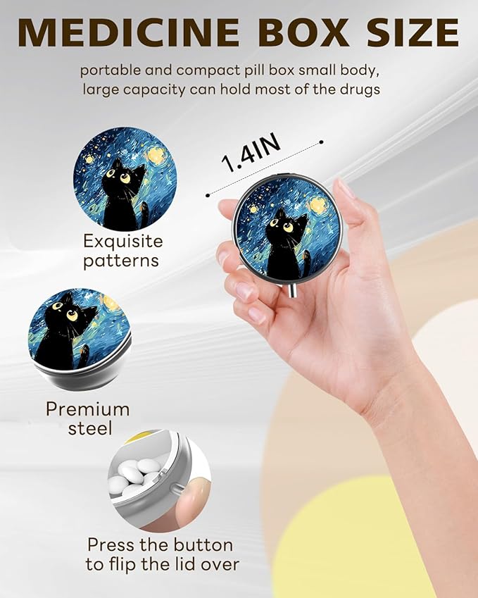 LRITER Pill Case, Portable Travel Pill Box, Pillbox Organizer, Cute Small Medicine Storage Container, Purse Accessories for Women, Men (Pill Case-Starry Sky Cat A)