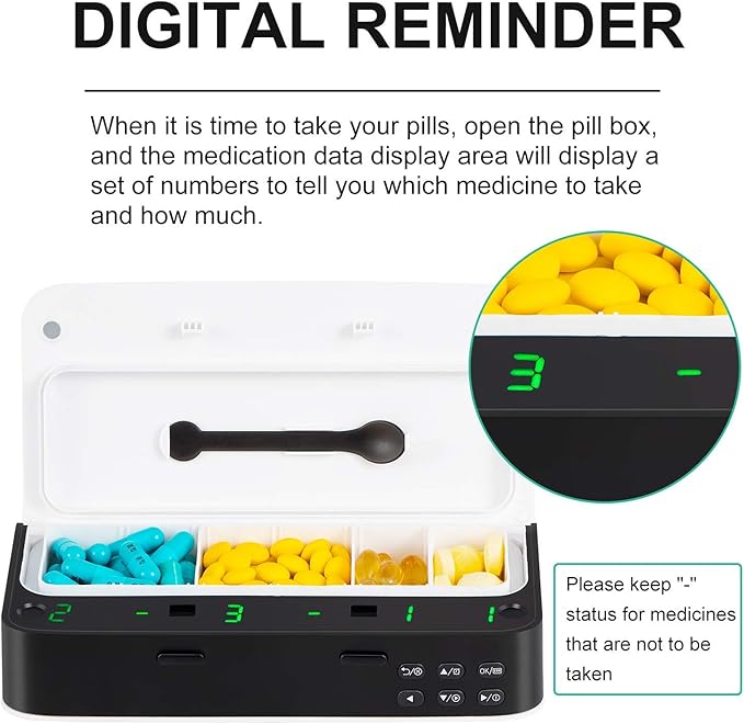 Pill Dispenser,Medicine Organizer,Weekly Pill Organizer with Smart Alarm,Remind to 7 Times a Day,Buzzer,Vibration,LED Light Display,Vitamins,Supplements,Home Pill Reminder