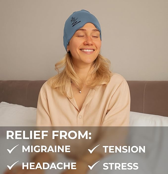 Migraine Relief Cap – Reusable Cooling Hat with Headache & Stress Relief | Soft, Stretchy Fit & Gentle Compression | Self-Care Essential Cold Gel Pack (Blue)