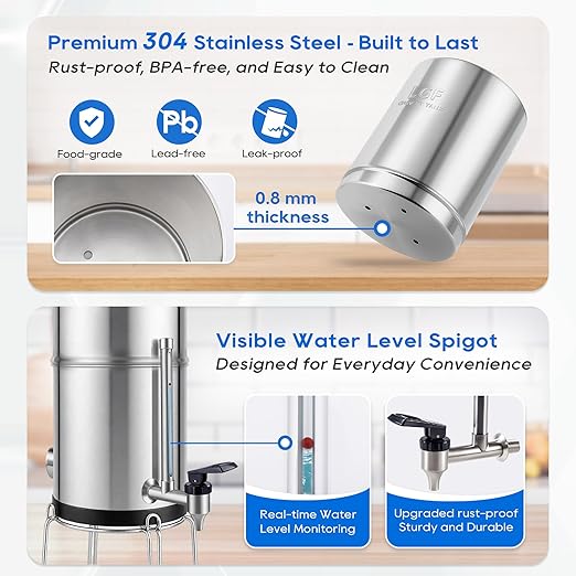 LCF 𝐒𝐢𝐥𝐯𝐞𝐫 𝐈𝐨𝐧𝐬 Enhanced UV-C Gravity Water Filter, Advanced Alternative to Berkey Water Filter System, NSF42 Standard, Reduces 99% Chlorine & Baçtёria, 6 Filters, Water Level Spigot, 3Gal