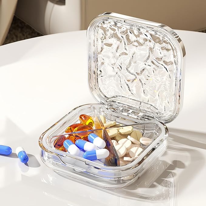 Stylish Pill Organizer Crytal Clear, Waterproof Pill Case for Daily Vitamins, Medicine, Supplements, Travel Pill Box, Cute, Portable with Elegant Design (4 Compartments)