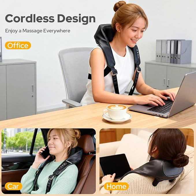 Shiatsu Neck and Back Massagers with Heat, Cordless Rechargeable 4D Kneading + Tapping Wearable Massager, 3 Tapping Intensities, 3 Speeds, Ultra-Quiet Under 45dB for Deep Muscle Relief