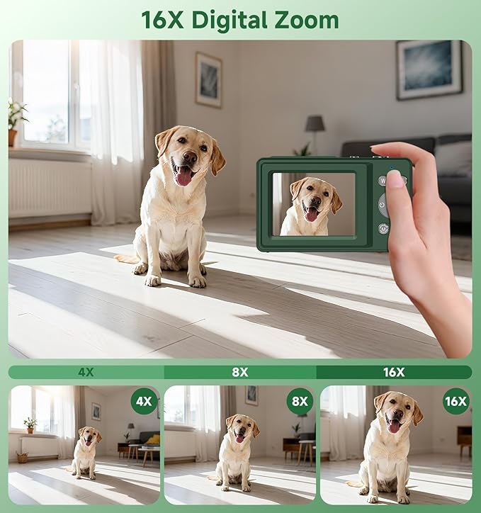 Digital Camera, 56MP Dual Screen Autofocus Vlogging Camera, 16X Zoom Point and Shoot Camera for Photography, Anti-Shake, 32GB Card, Compact Camera for Teens Adults,Green