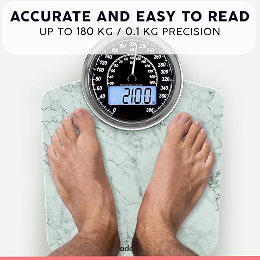 Adamson Hybrid 2-in-1 Analog & Digital Weighing Scale for Body Weight up to 400lbs - Thick Tempered Glass - Extra Large Display - Easy to Read Digital Bathroom Scale - New - Marble White