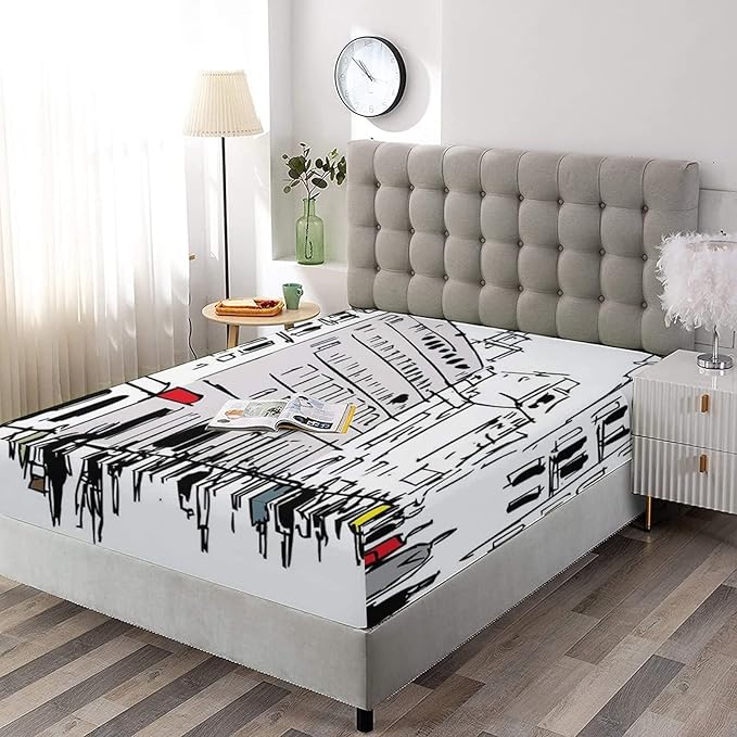 Decorative Fitted Sheet Set Full Size, Urban Deep Pockets Fitted Sheet & 2 Pillow Sham Set, Pedestrians on Busy Street with Buildings Modern Cityscape Printed Microfiber Bedding 3pc Set,for Mattress