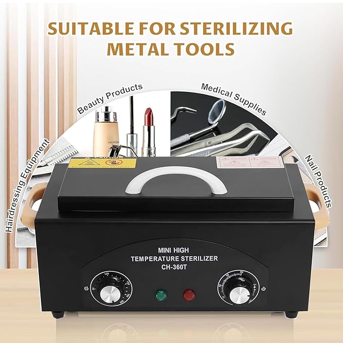 High Temperature Metal Tool Cleaning Box,Misforu 2L Dry Heat Cabinet High Temp with Stainless Tray Timer and Handle for Nail Art Tool Salon Hairdressing Tool Earrings 300W 110V (Black)