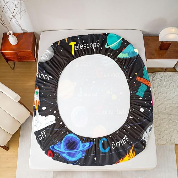 Alphabet Outer Space Astronaut Fitted Sheet Twin Size, ABC Planet Bed Sheet Set Kids Toddler Galaxy Bedding Set ABC Alphabet Learning Bed Cover Bed Set 2Pcs (No Flat Sheet)