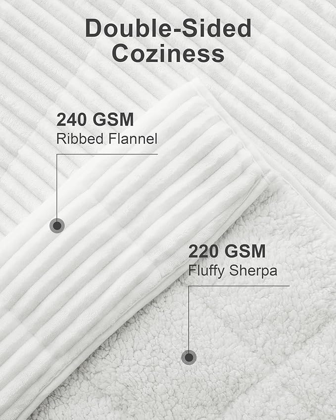 Sherpa Fleece Adult Weighted Blankets 20lbs with Ribbed Stripes, Dual Sided Fuzzy Warm Blanket for Couch Bed Sofa, Heavy Thick Blankets with Ceramic Beads Great for Sleep, White, 60" x 80"