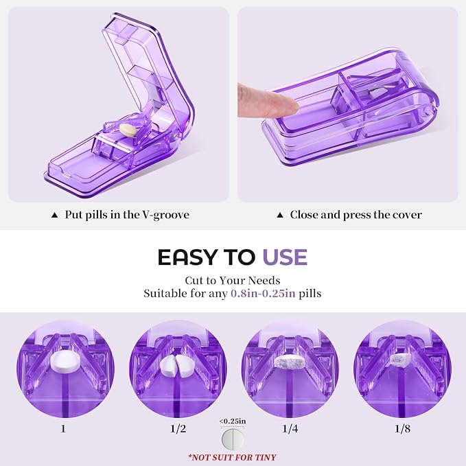 Daviky 2-Pack Pill Cutter for Small or Large Pills – Professional Pill Splitter with Sharp Stainless Steel Blade, V-Shape Holder & Doubles as a Pill Organizer – Not Suitable for Tiny Pills - Purple
