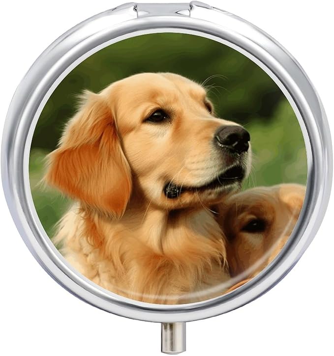 Dog Golden Retriever Travel Pill Box Case 3 Compartment Cute Pill Organizer Metal Pill Holder with Mirror Small Medicine Organizer Daily Pill Container for Purse Pocket Portable Meds Box