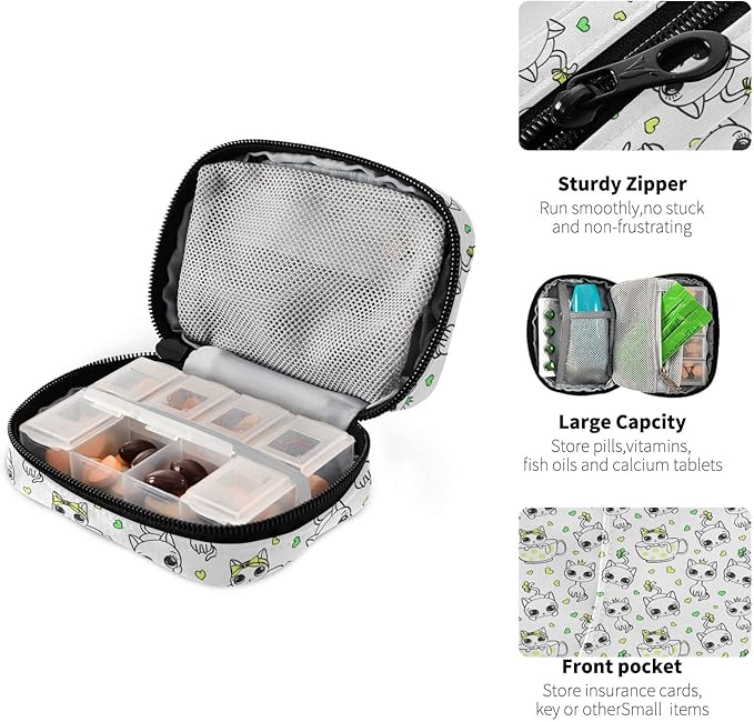 Pill Box Cat 7 Day Pill Case Travel Pill Organizer Bag with Zipper Portable Weekly Vitamin Medicine Supplement Holder Pouch Bag
