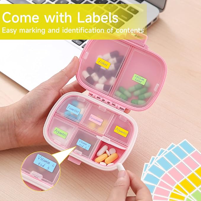 4 Pack Travel Pill Organizer,8 Compartments Weekly Pill Box Moisture Proof Small Pill Case for Pocket Purse Daily Portable Medicine Vitamin Holder Container（Blue+Green+Khaki+Pink）