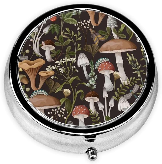 Metal Silver 3 Compartment Pill Box Pocket Portable Mini Travel Pill Case Small Round Decorative Medicine Box Vitamin Pill Organizer with Insect Mushroom