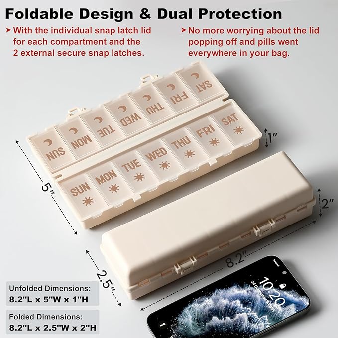 Foldable Pill Organizer 2 Times a Day w/Etched Labels -Dual Protection & Portable Weekly AM PM Pill Box, 7 Day Medicine Container, Large Travel Pill Case for Week Daily Supplement Vitamin - Khaki