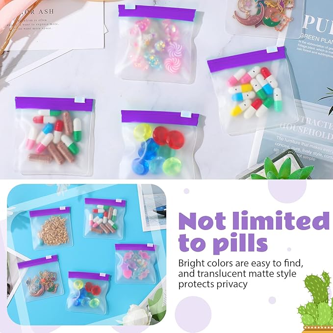 24 Pieces Pill Pouch Bags Zippered Set Reusable Translucent Medicine Organizer Sealing Travel Plastic Bags with Slide Lock for Storage(Purple)