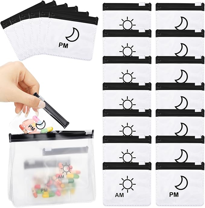 Colarr 14 Pcs AM PM Pill Pouches Bags Reusable Zippered Day and Night Pill Organizer with Slide Lock for Travel Medicine Case, 1 Large 14 Small(Black)