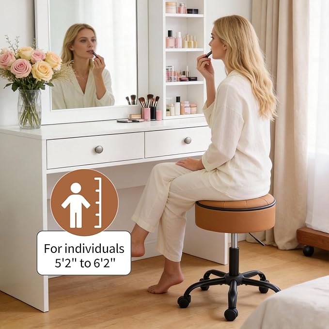 Vanity Stool with Wheels (Chair & Small Table in One) (Adjustable Height Stool 20.67"-24.61"), Caramel Brown Rolling Chair with Storage