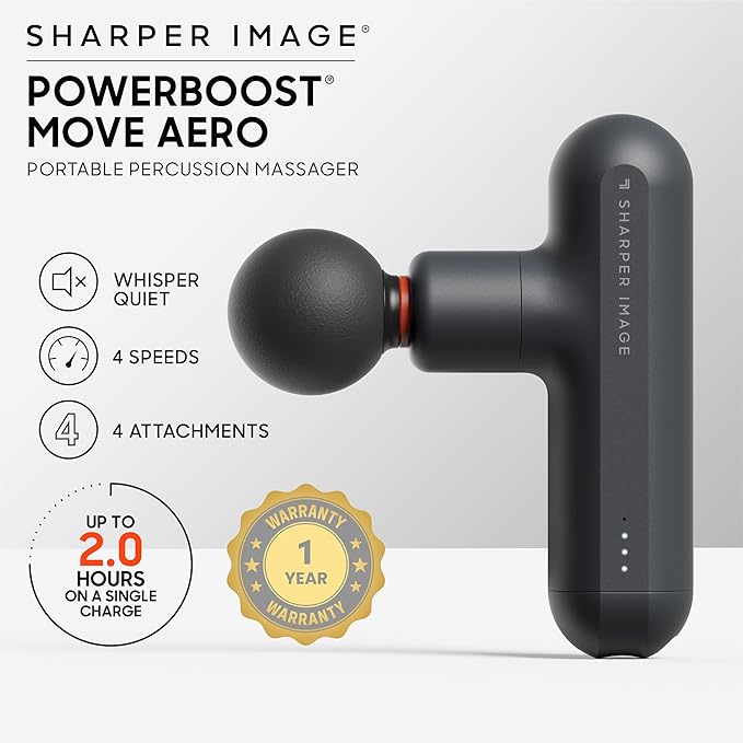 Sharper Image Powerboost Move Aero [New 2026 Version] Mini Deep Tissue Percussion Massage Gun| Muscle Recovery & Pain Relief Massage Tool| Full Body Back & Shoulder Massager| Gift for Men Women