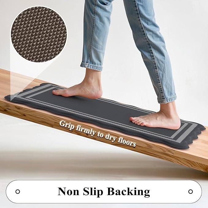KIMODE Kitchen Mats Cushioned Anti Fatigue, Farmhouse Kitchen Rugs Sets of 2, Dark Grey Scalloped Rugs, Kitchen Floor Mat Non Slip, Comfort Standing Mat for Laundry Office Sink Desk 17"x47"+17"x29"