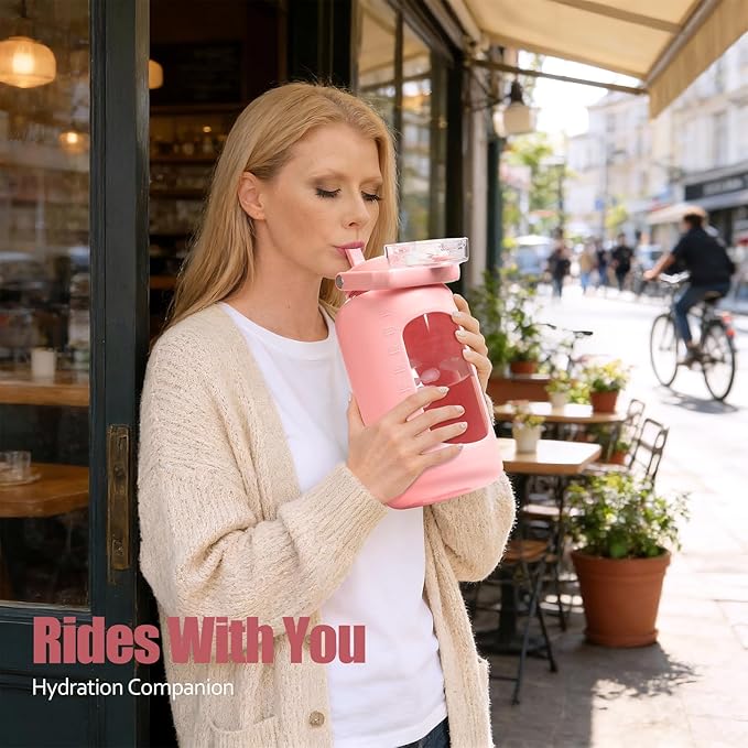 BLUEGO 84oz Glass Water Bottle with Straw and Handle, Large Water Bottle with Sip & Chug Lid, 2.5L Water Jug Silicone Sleeve with Time, Full Day Drinking Bottle for Sports BPA Free, Pink
