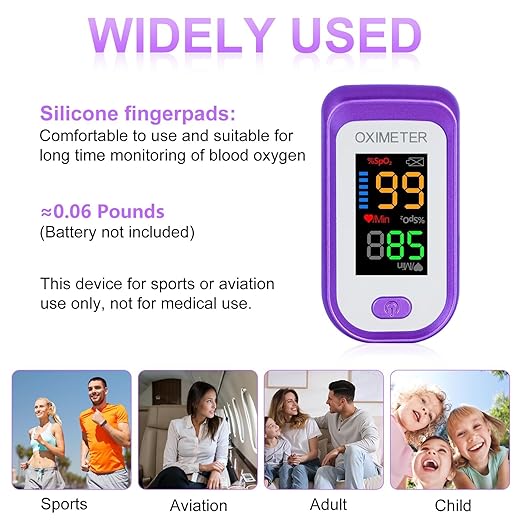 Pulse Oximeter Fingertip, Pulse OX with Large LED Display, Oximeter, Pulse Oximeter, Fingertip Pulse Oximetr, Oximeter with AAA Battery Lanyard (Purple)