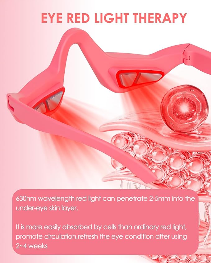 UTK Under Eye Red Light Therapy Device, 630nm Red Light Glasses for Eye Bags, Dark Circles, Puffiness, Rechargeable & 39g Ultra-Light, Gift for Women (Pink)
