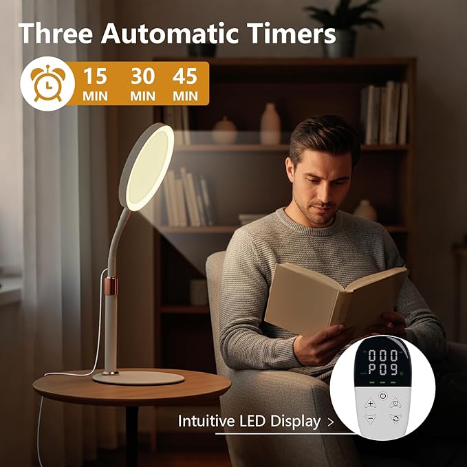 Light Therapy Lamp, LED Sunlight Lamp, 10000 Lux Full Spectrum Happy Therapy Desklamp with UV-Free,3 Color Temperature & 9 Brightness Level & Timer for Home, Office, Decoration (White A)