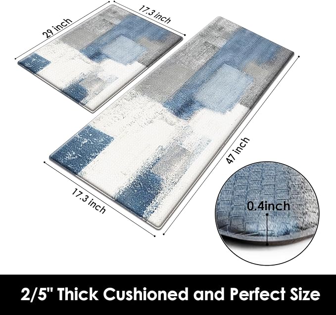 Anti-Fatigue Blue Grey Kitchen Rug Set of 2 Cushioned Abstract Rug for Floor, Art Standing Mat Waterproof Non-Slip Mat PVC Ergonomic Comfort Foam Kitchen Decor