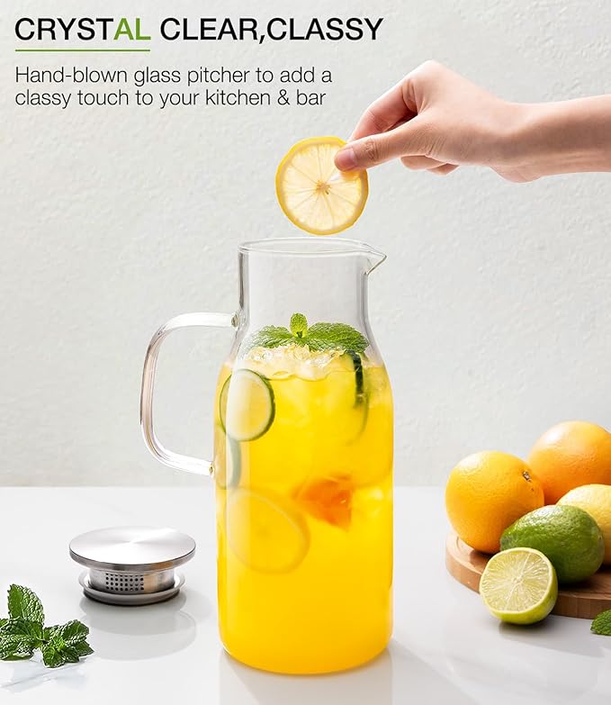 LUNA&MANTHA Glass Pitcher, 2 Liter 68oz Water Pitcher with Lid and Spout, Large Ice Tea Jug for Fridge, Thick Drink Jug with Handle for Juice, Coffee, Borosilicate Glass Carafe Hot/Cold Beverage