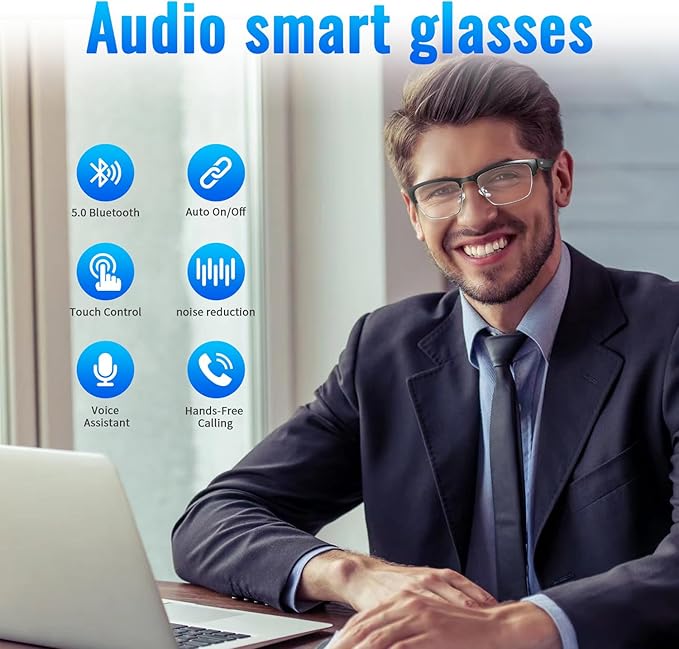 Bluetooth Audio Smart Glasses, Blue Light Glasses for Women and Men, Open Ear Sound with Mic & Speakers, Blue Light Filter & Polarized Sunglasses Lenses, Voice Assistant(Silver)