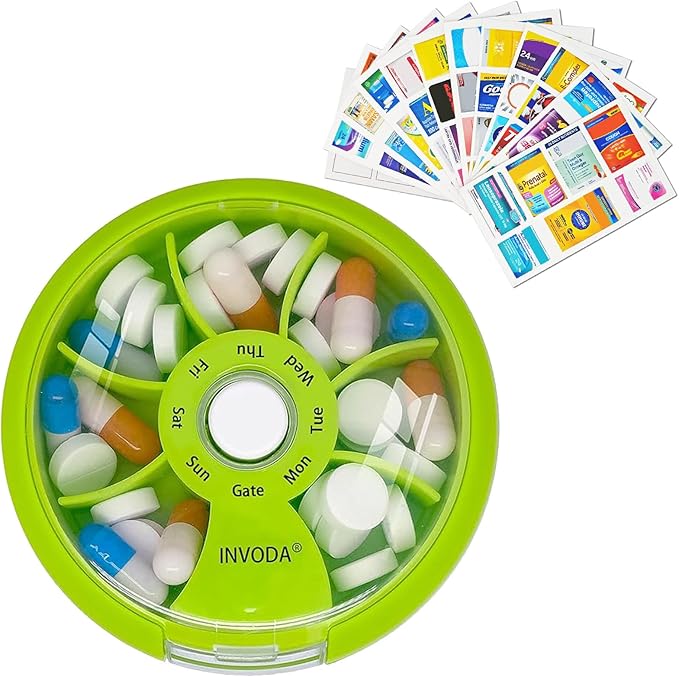 INVODA Weekly Pill Organizer with 77 Pre-Cut Medication Labels – 7 Compartment Rotating Medicine Box Daily Pill Case for Vitamins, Fish Oil & Prescriptions – BPA-Free Plastic – Compact Travel Size